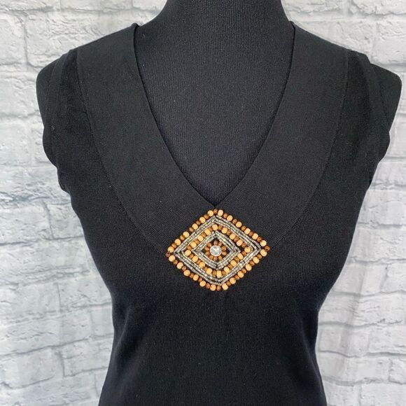 Venus silk blend sleeveless v-neck blouse w/center beadwork black sz L women - Picture 2 of 10